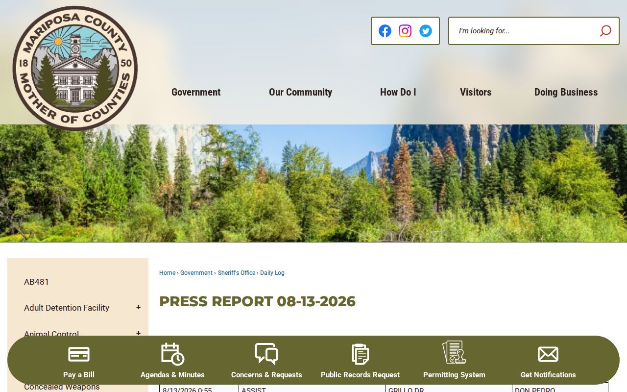 Mariposa County Sheriff Daily Log for Lake Don Pedro arrest-record context