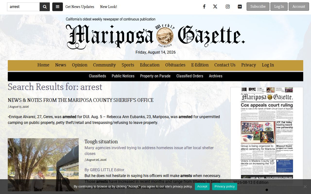 Mariposa County arrest news search at the Mariposa Gazette
