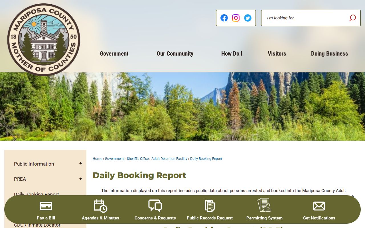 Mariposa County Daily Booking Report landing page