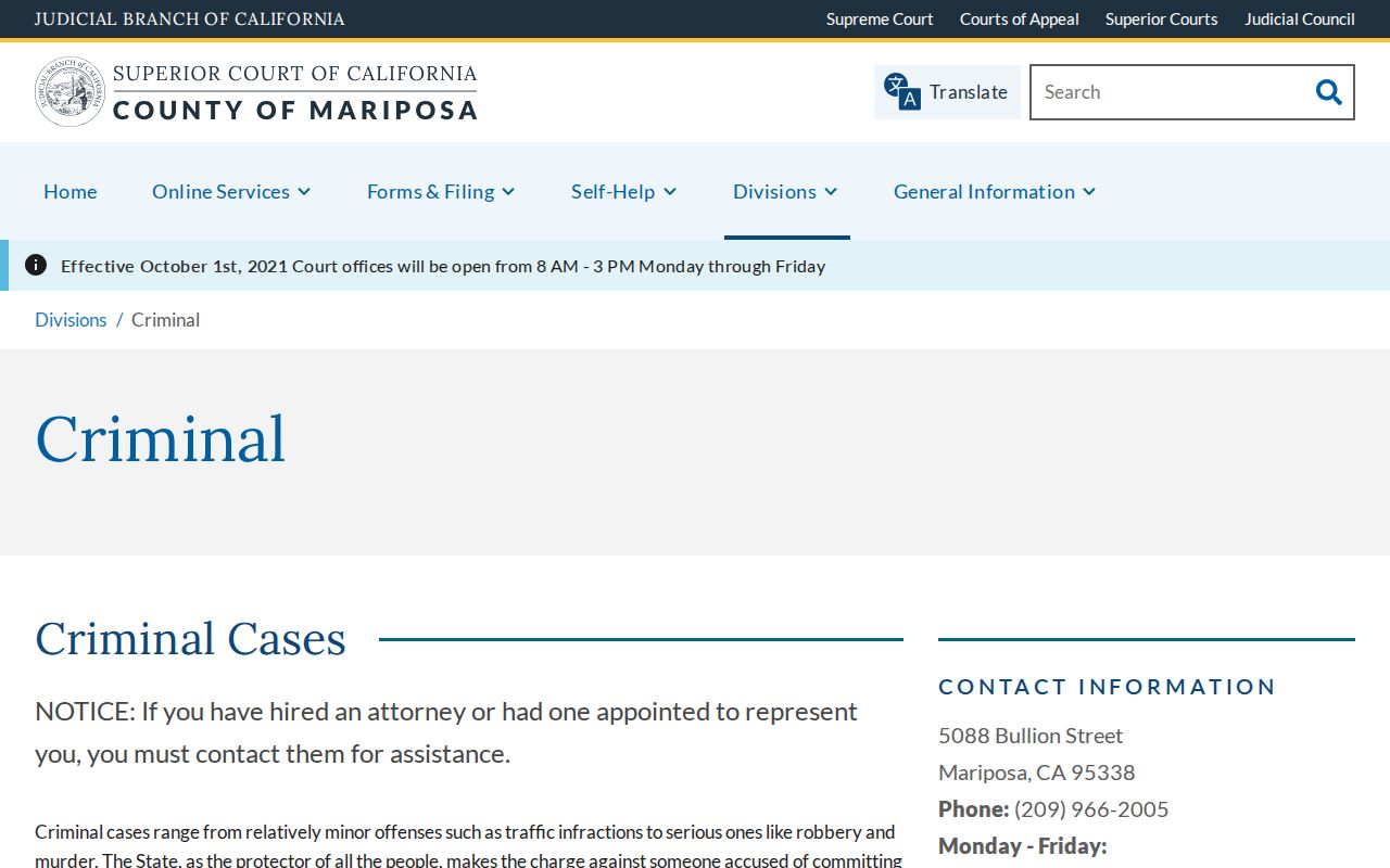 Mariposa County criminal court record information